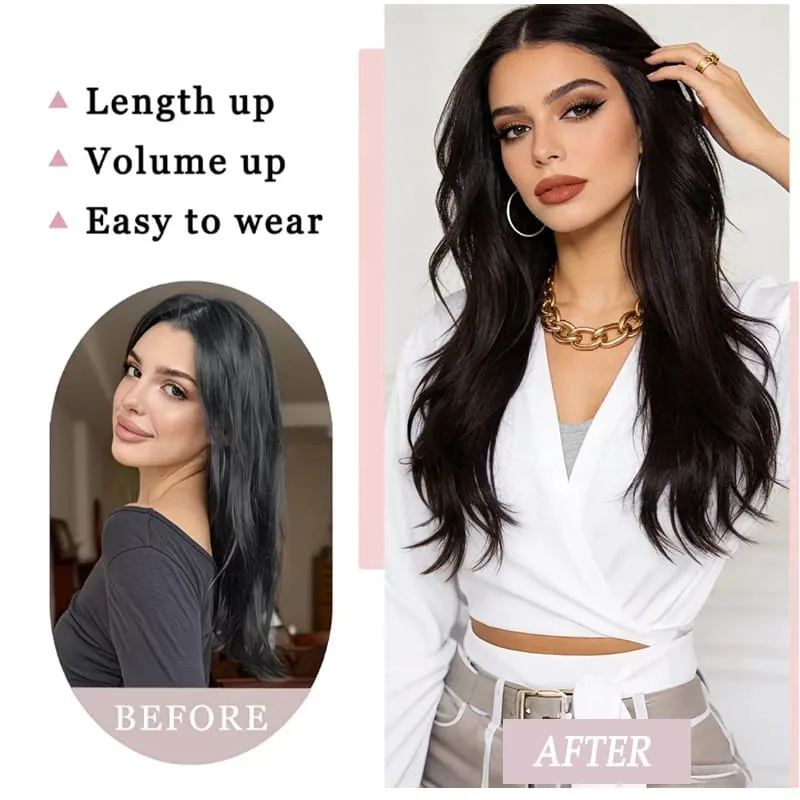 24Inch Synthetic Invisible Hair Extensions for Women Micro-Roll V-Shaped Design 4 Clips Enhance Hair Volume