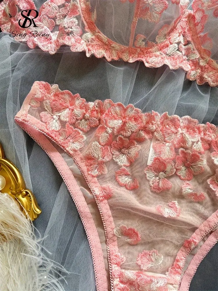 Lingerie velata a rete Abiti a due pezzi Set di biancheria intima floreale francese seducente Set di reggiseno e slip sexy con ricamo da donna — image 6