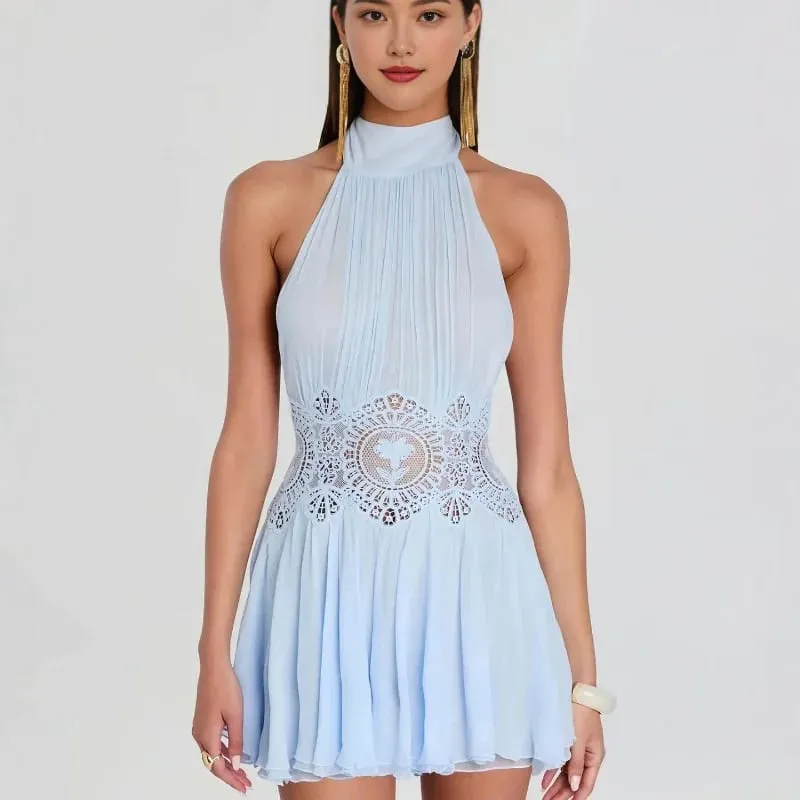 Sexig Hollow Out Solid Kvinnor Min Klänning Strand Plisserad Spets Rygglös Ärmlösa Kvinnliga Klänningar 2026 Sommar Lady Robe Ny