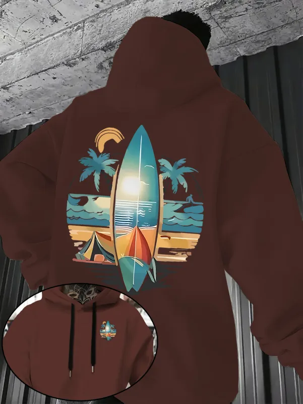 New Autumn/winter Men's Hooded Sweatshirt with Surfboard and Beach Print Loose Fit Stylish Street Style Comfortable Fit Hoodies