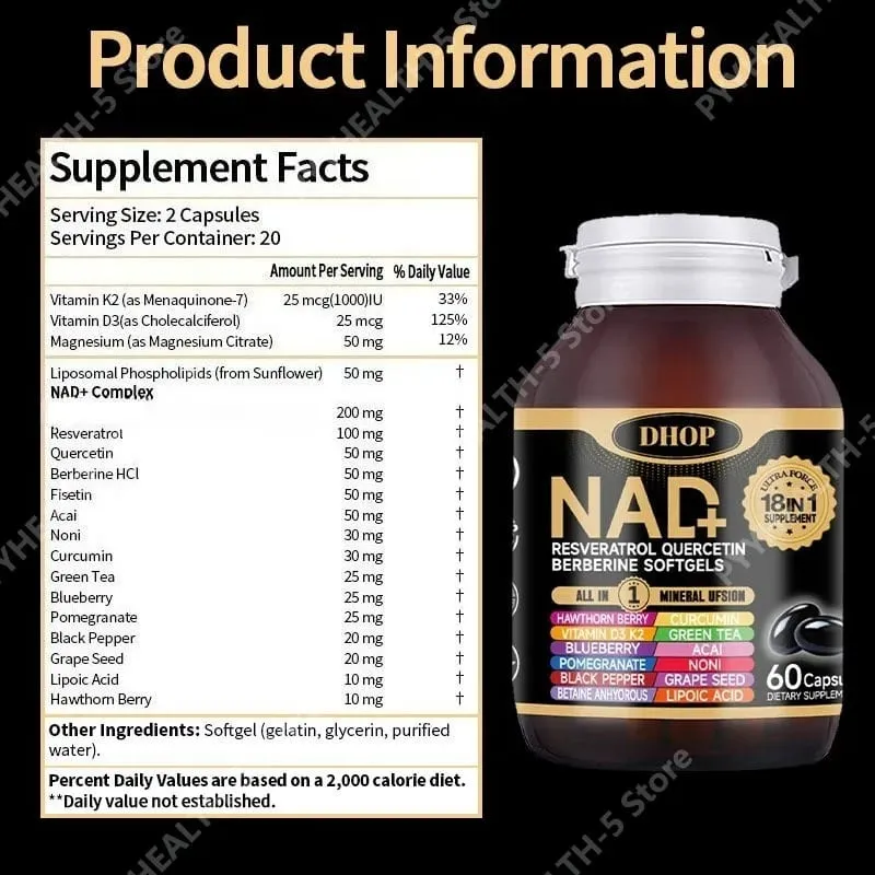 NAD+ Softgels with Resveratrol Quercetin Berberine Softgels 18-in-1 Supplement for Overall Health Support 60 Capsules — image 4