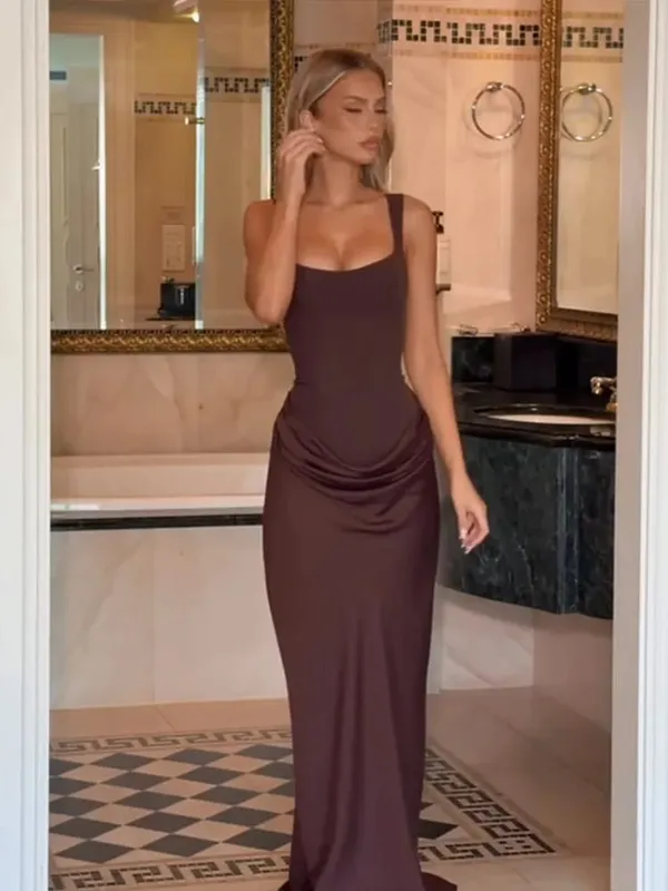 Women Brown Ruched Chic Mini Dress Square Neck Sleeveless Fitted Pleated Hem Robe Summer Street Party Solid Lady Vestidos 2026