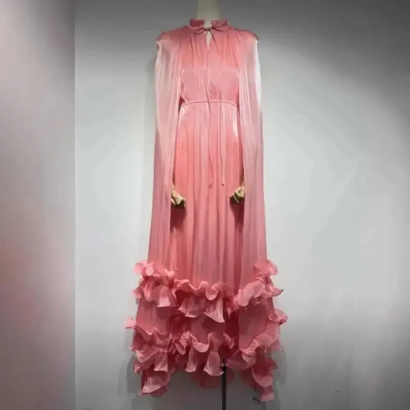 Commuting Style V-neck Cape Style Black Fungus Edge Double-layer Hem Dresses For Women 2026 Autumn New