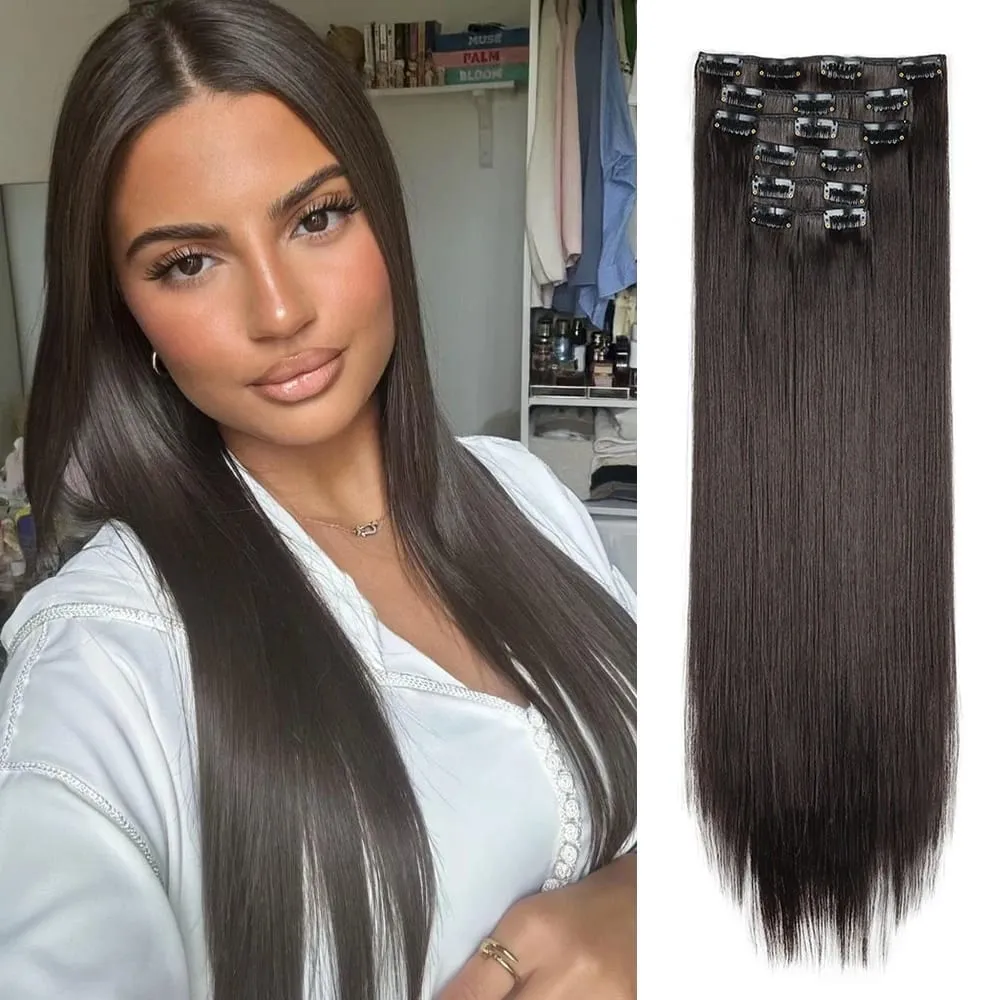 Black Hair Extensions 24"/60cm 6pcs/set Women Long Straight Synthetic Full Head Clip 16 Clips Ombre Heat Resistant Fiber Hair