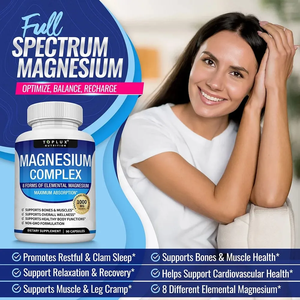 Magnesium Complex 1000MG Supplement - Magnesium Glycinate Citrate & Malate - Sleep Support Stress Relief Muscles & Relaxation