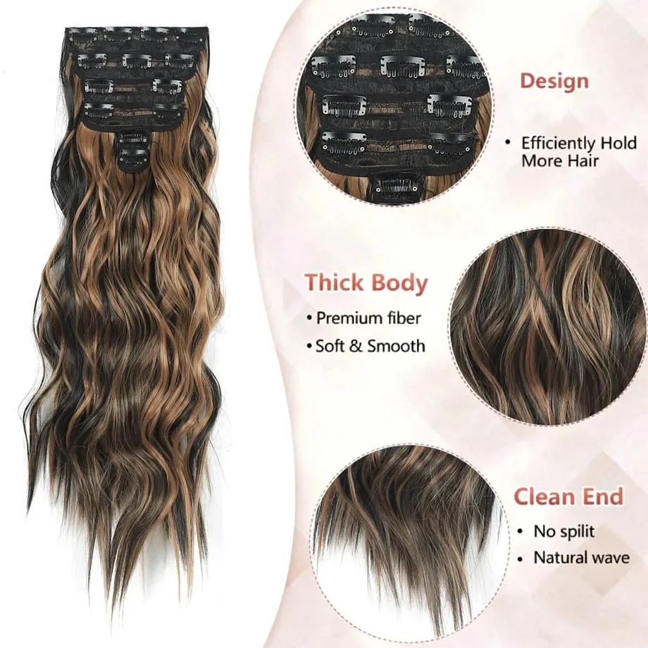 6PCS Clip in Hair Extensions Honey Blonde Mixed Light Brown 24 Inch Long Water Wavy Synthetic Hair Extensions For Women Use — image 2