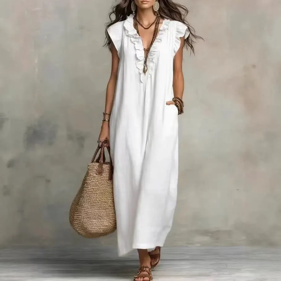 2026 verão feminino boho algodão linho maxi vestido cor sólida plissado decote em v sem mangas solto vestidos longos com bolsos casual praia
