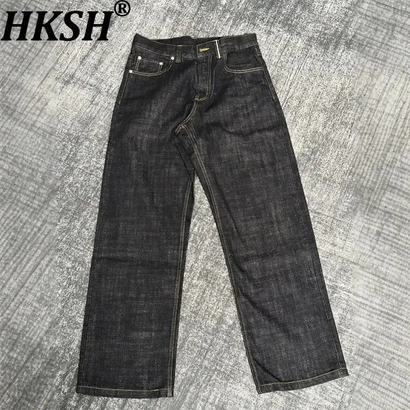 Spring Autumn New Men Tide Chic Ins Vintage Selvedge Narrow Red Edge Raw Denim Pants Straight Wide Leg A-Line Jeans HK19262 — image 2
