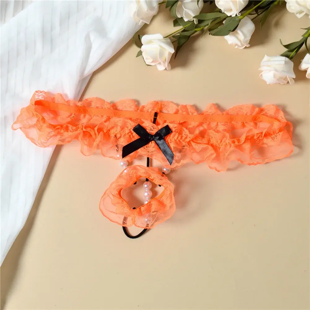 Men Lace T-Back Underwear Bow Elastic Waist G-String Pearl Lingeries For Man Sissy Panties Sexy Accessories Thongs Men's Panties