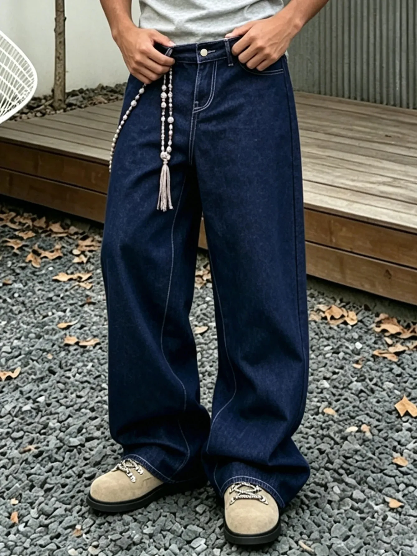 Denim Blue Dark Topstitched Wide-Leg Jeans Are the Same for Men and Women. They Are High-Waisted Loose and Floor-Length. They A — image 2