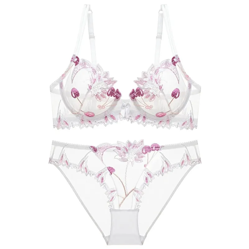 Sexy Lace Flowers Embroidery Bra Set Ultra Thin Breathable Steel Ring Bralette Lingerie French Underwear Set70-90 B C D — image 9