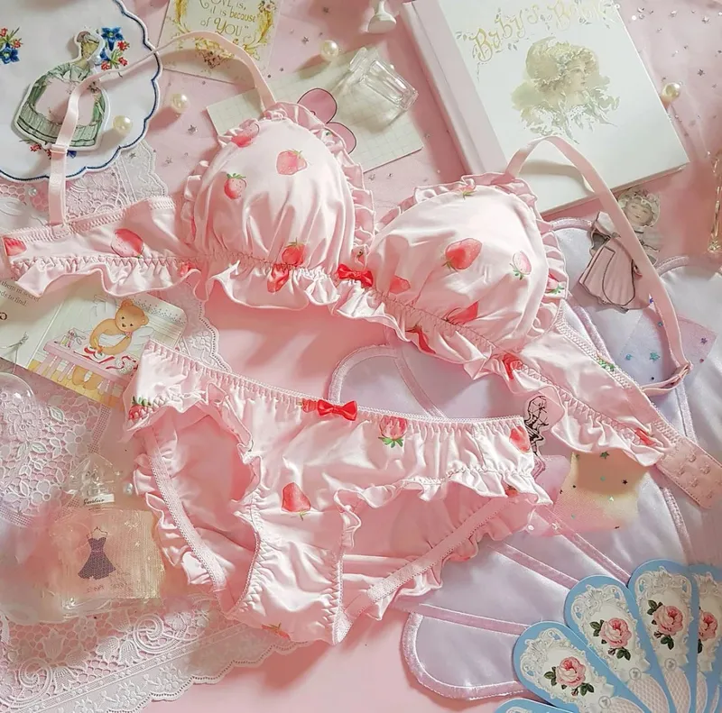 Strawberry Milk Silk Bra & Panties Set Wirefree Soft Underwear Set Kawaii Lolita Bra and Panty Pink Lingerie