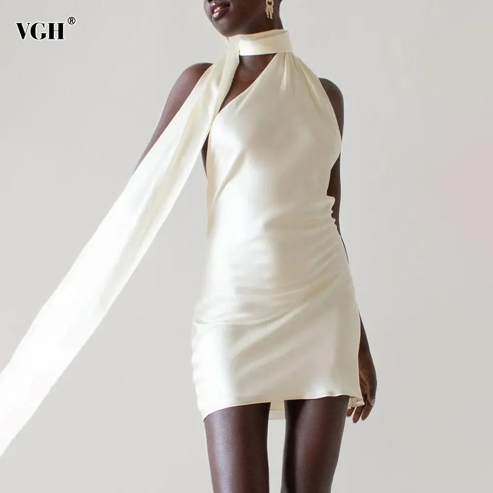 Pakaian Formal VGH Patchwork Untuk Wanita Kolar Halter Off Bahu Tanpa Lengan Pinggang Tinggi Tanpa Belakang Pakaian Mini Satin Gaya Wanita — image 2