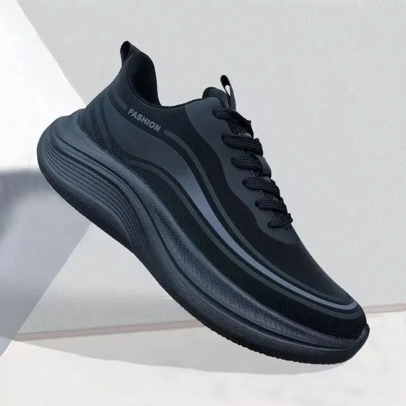 Men Breathable Mesh Sneakers Lace‑up Thick Platform Sole Lightweight Walking Shoes Outdoor Non‑slip Casual Sports Footwear