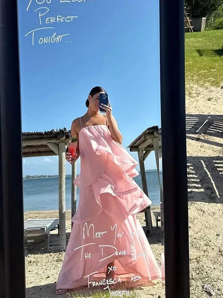 Women Pink Ruffled Strapless Dress Sleeveless Backless Loose Long elegant robes 2025 Lady Vacation Beach Party Evening Gown New