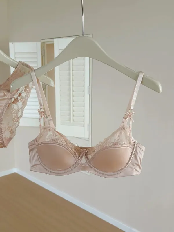 Red Lace Satin Bra Set Half Cup Thin Push‑Up Less Show Big Chest Sexy French Lingerie Women Underwear 32‑38