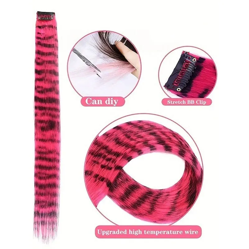 3Pcs Leopard Print Hair Extensions Synthetic Stripe Printed Hair Piece Colorful Long Straight Clip In Hair For Women Girls Party — image 4