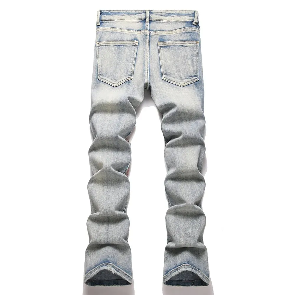 Men's Wing Patch Boot Cut Jeans Rivet Crystal Slim Flared Pants Embroidery Vintage Blue Denim Trousers