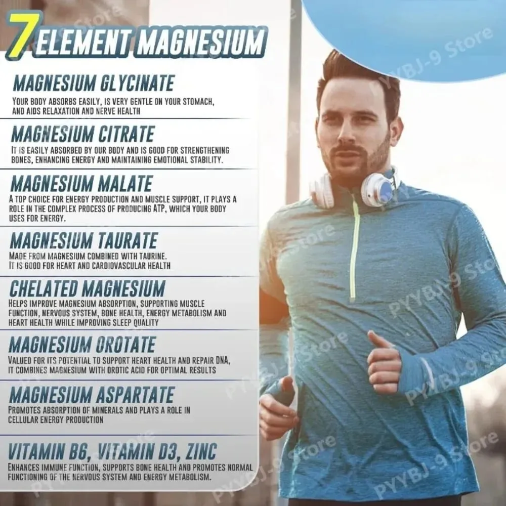 Magnesium 7-Complex Capsules 1000mg with B6 D3 Zinc High Absorption Vegan Formula for Muscle Nerve Bone Heart Support 60 Count