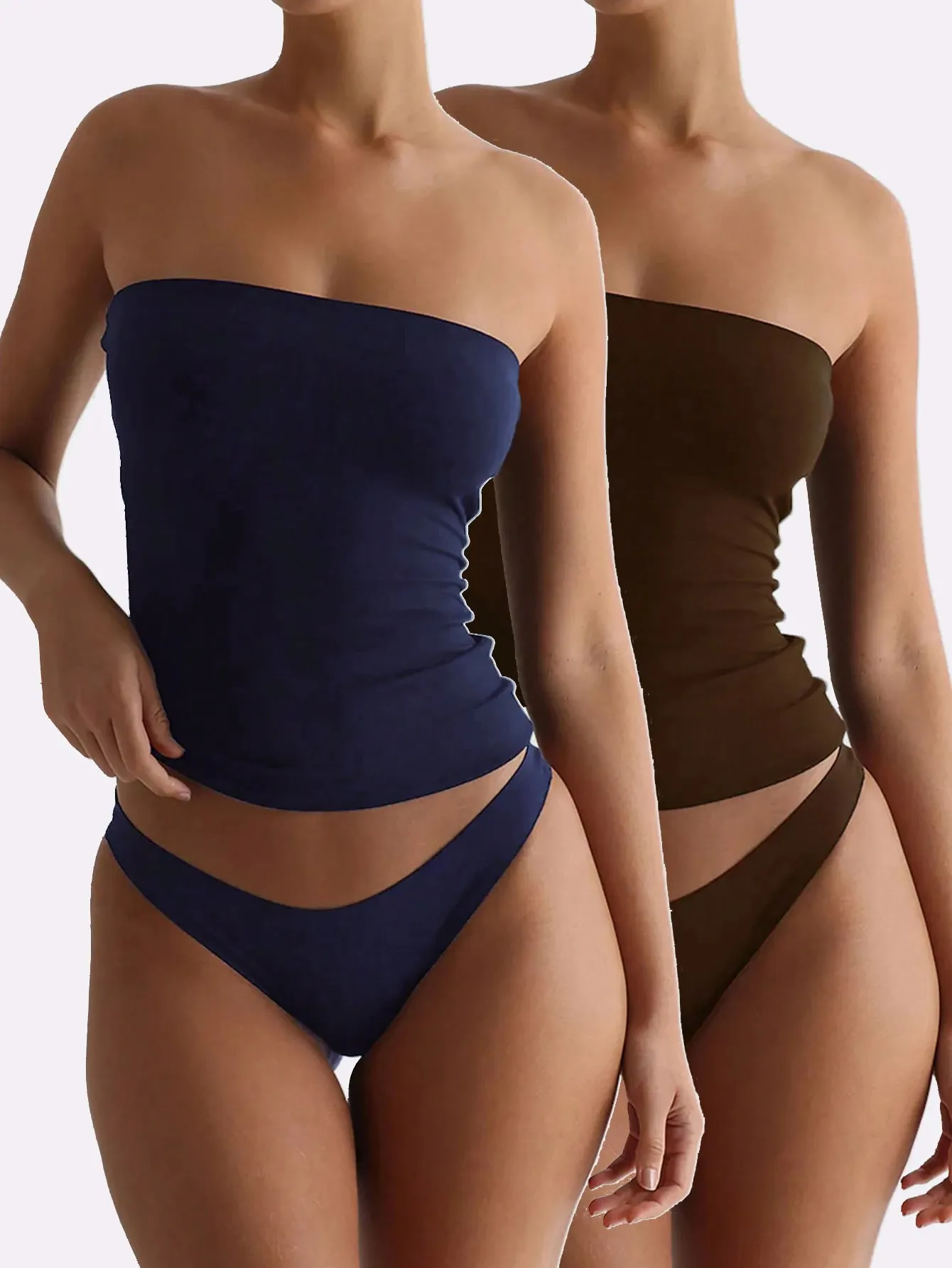 2 Pack Solid Strapless Tube Top Women Soft Stretch Sleeveless Slim Basic Elegant Layering Bandeau Cami Daily Casual Outfit