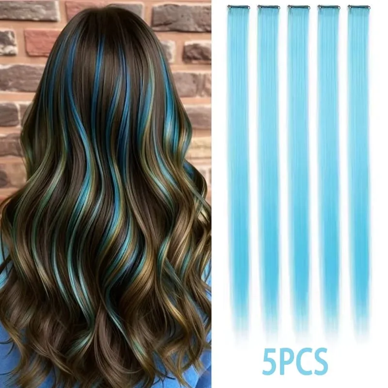 22Inch Synthetic Long Straight 5pcs Clip in Hair Extension Colored Rainbow Hairpieces for Women Daily Use — image 14
