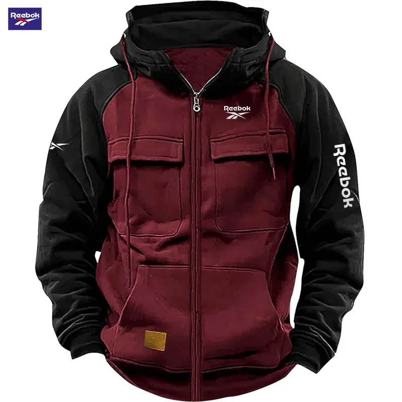 2026 Reebok New Autumn-Winter Men's Hooded Patchwork Casual Sweatshirt Loose-Fit Fashionable Youth Multi-Pocket Padded Hoodie