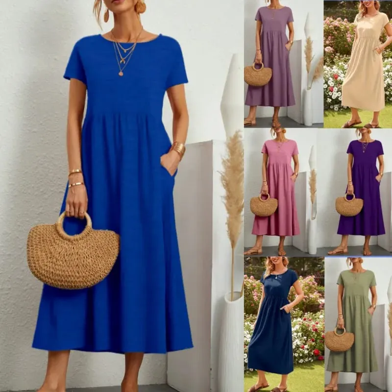 Premium Elegant Solid Cotton Linen Dress Summer Midi with Pockets Loose Fit Casual Crew Neck Short Sleeve for Beach Travel — image 3