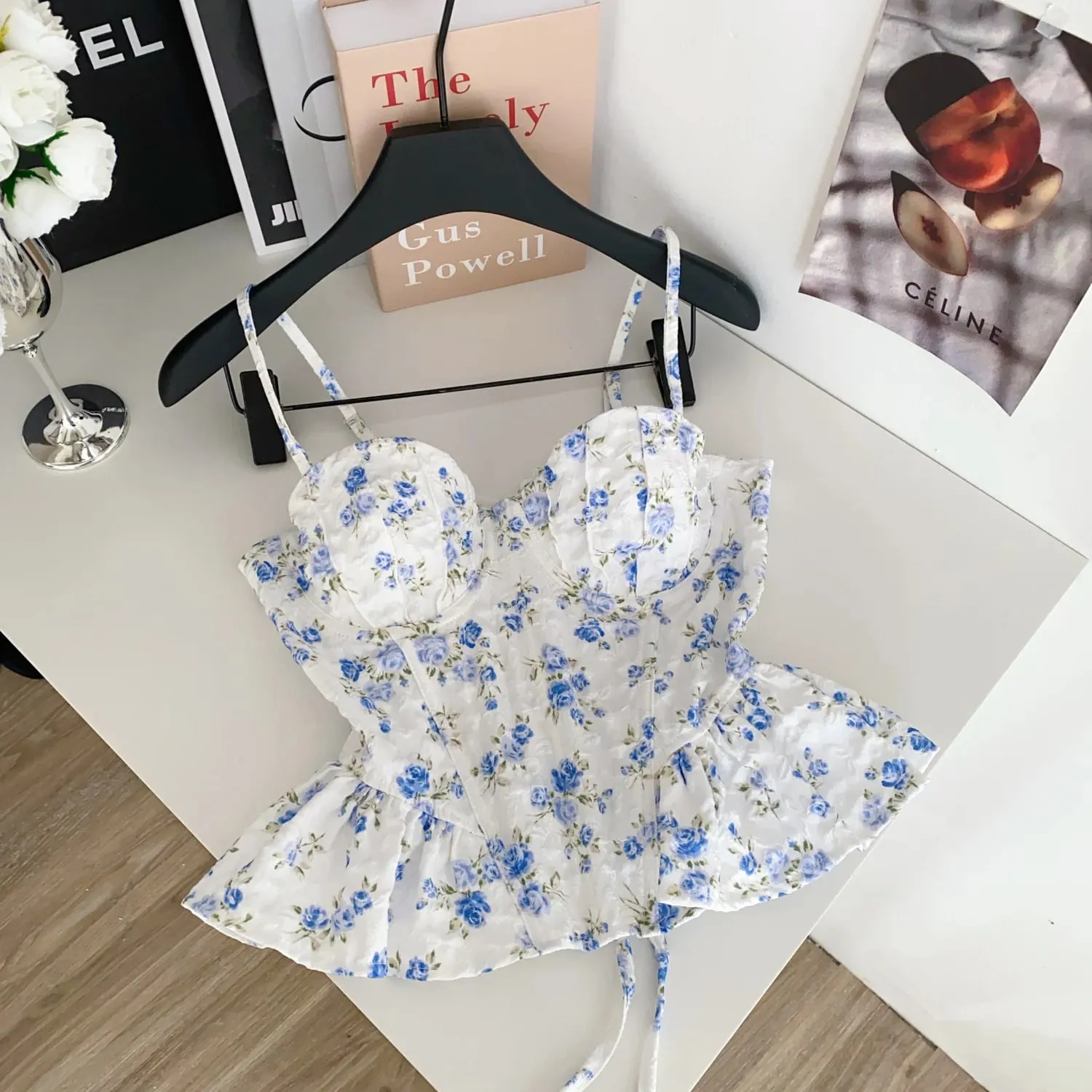 เซ็กซี่ Slim Corset ruffle พิมพ์เกาหลี Camis Tank Top Basic แฟชั่นปิดไหล่ฤดูร้อนเสื้อผ้าผู้หญิง