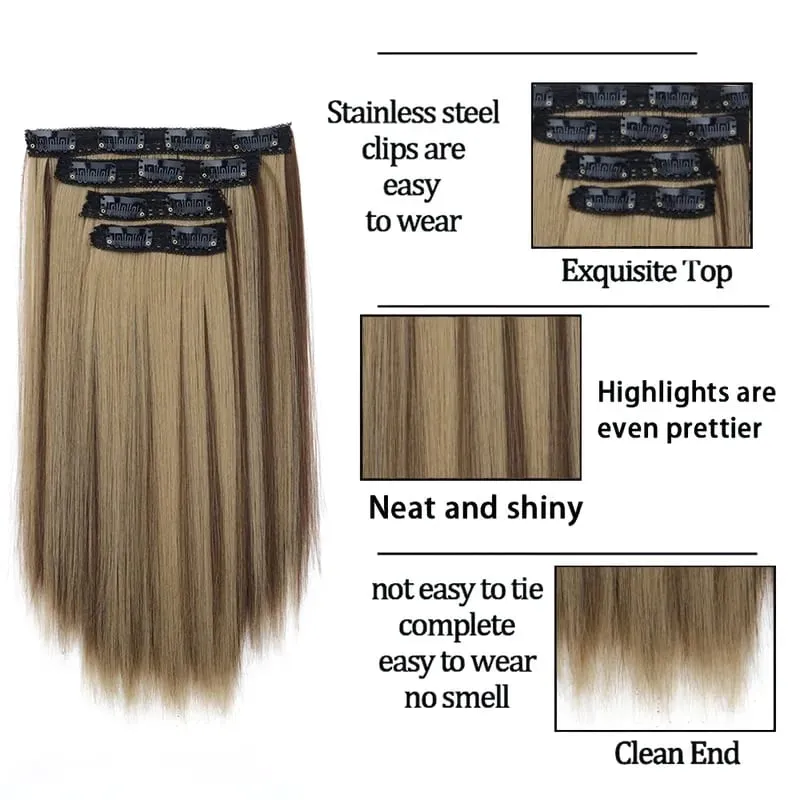 14Inch Synthetic Long Straight Hair Extension 4pcs/set Black Brown Blonde Adds Volume Hairpiece for Women — image 4