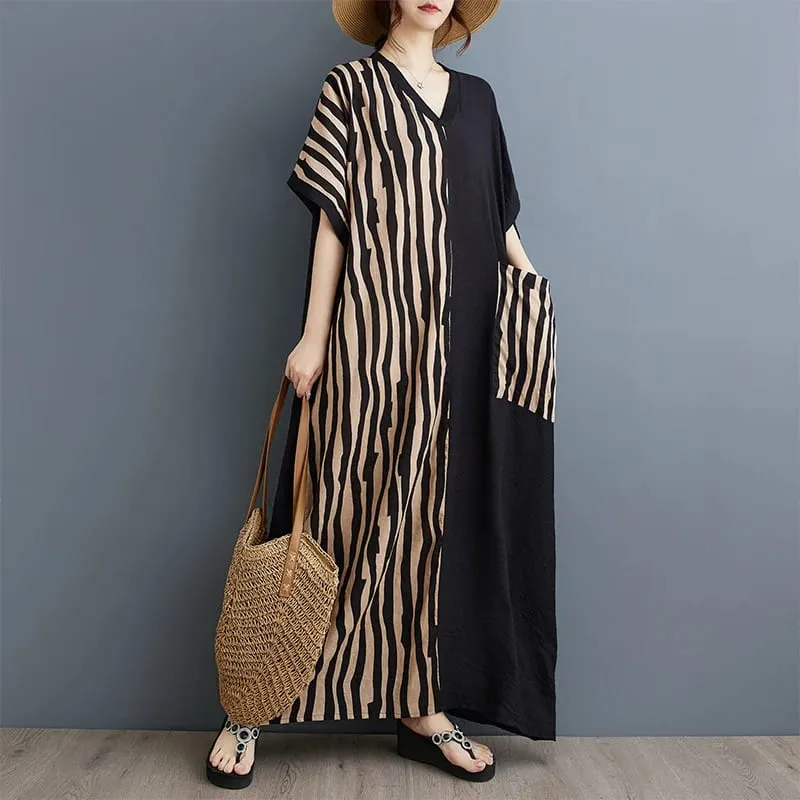 Long V-Ne ort Sve Printed Slimming Cotton Linen Dr Color Blo Casual Loose Fit Summer Faion plus Size Women