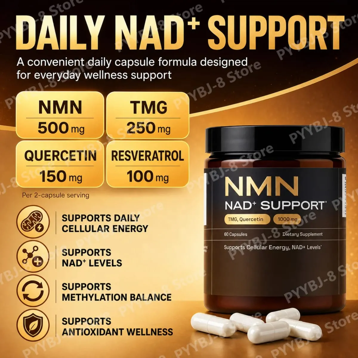 NMN Capsule 1000mg Serving 4-in-1 NAD Supplement with Quercetin Resveratrol Supports Brain Energy NAD+ Level 60 Capsules — image 4
