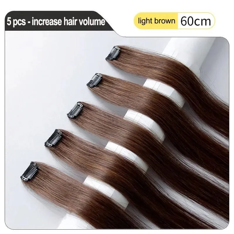 24 Inch Hair Extensions Black Straight Length Synthetic Hair Clips Party Highlights Women's Styling Hair Patches (5pcs in Blac — image 7