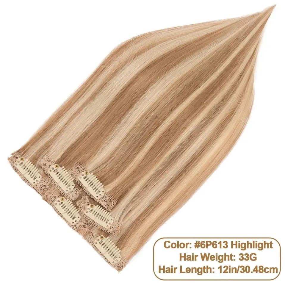 S-noilite 6 PCS Remy Clip In Human Hair Extensions Single Clip Ins Thick Hair Extensions Highlight Seamless Hairpieces for Women
