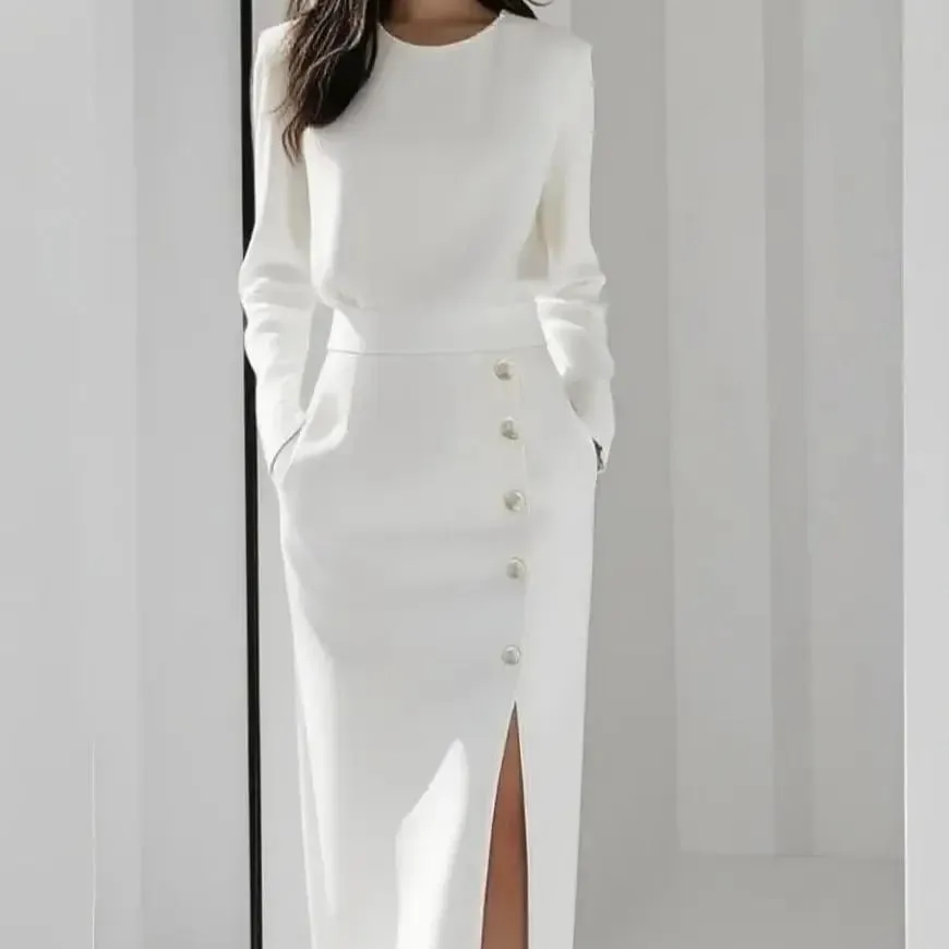 Women Long Sleeve Round Neck Button Front High Slit Midi Dress Elegant Office Lady Bodycon Sheath Pencil Skirt Set — image 3