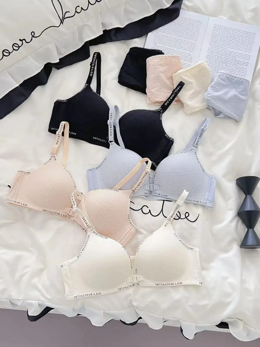 Set Lingerie Push-Up Penutupan Depan Seksi untuk Payudara Kecil Bra Tipis Nyaman Tanpa Tali Bahu Huruf Cincin Baja