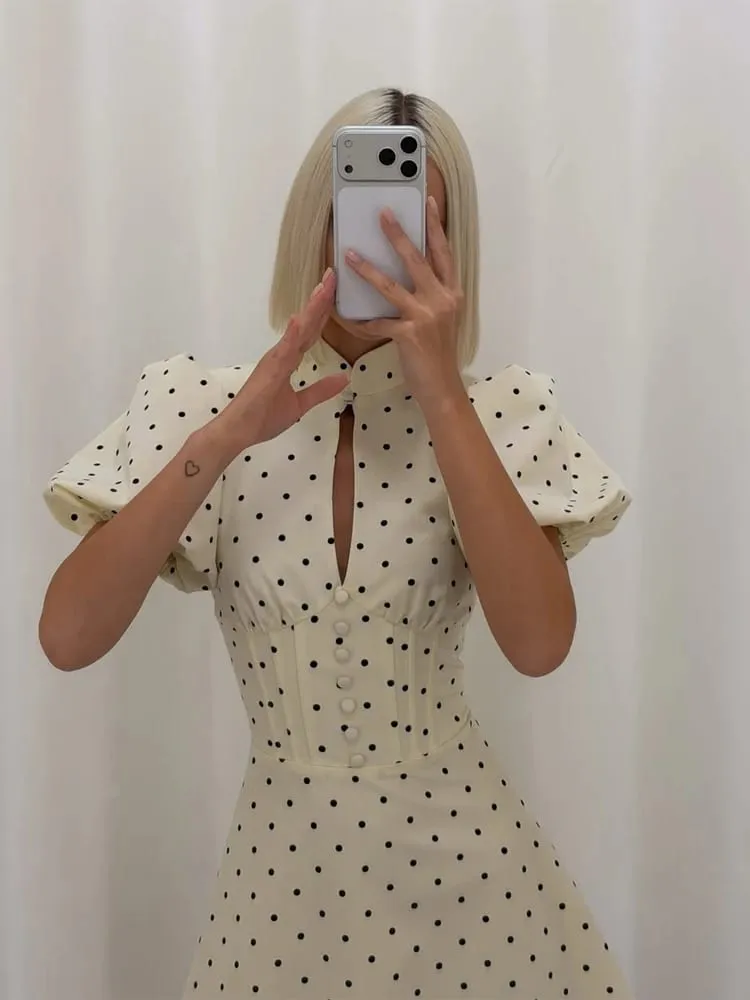 Retro Polka Dot Mini A-line Dress Women Elegant Stand Collar Puff Short Sleeve Waist-cinching Dresses Lady Party Robe 2026 New — image 4