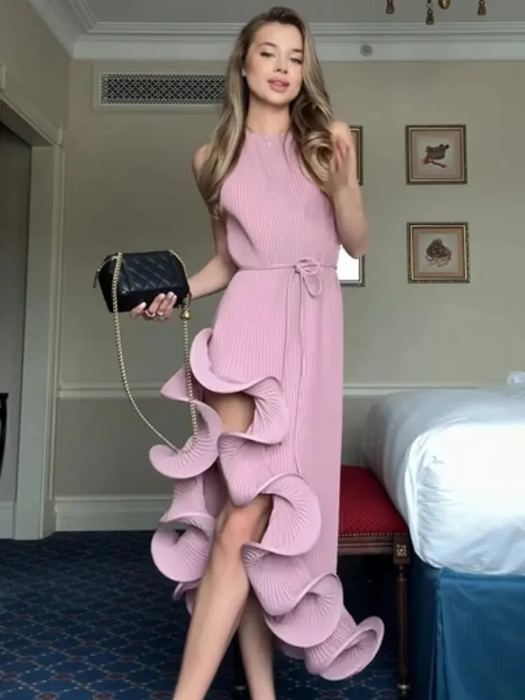 Elegant uregelmæssig flæse grime kjole Kvinder Chic ærmeløs off-shoulder snøre slanke midi kjoler 2026 dame aften festkjoler