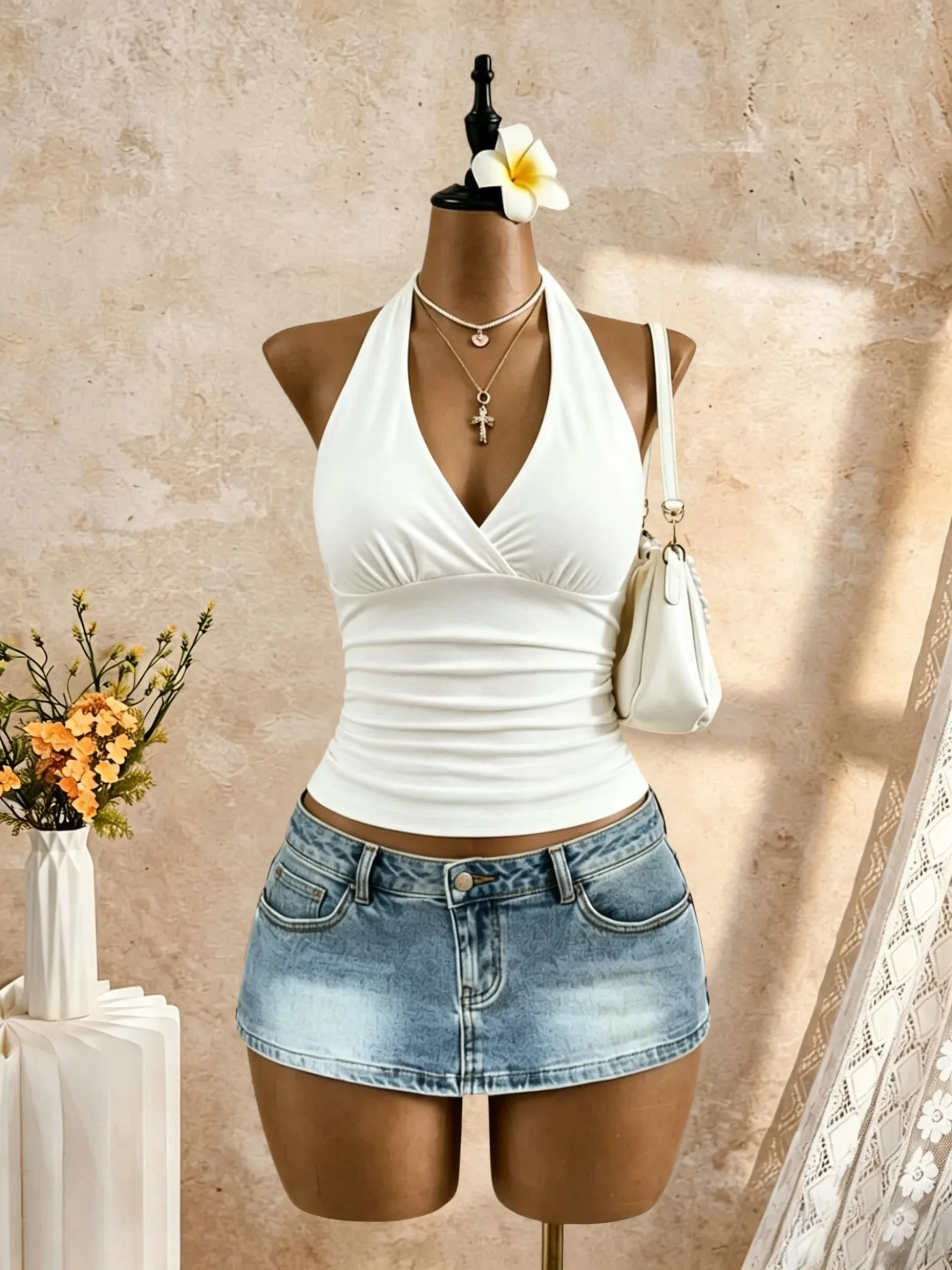 Women Halter Deep V Neck Wrap Front Side Ruched Waist Sleeveless Crop Cami Top Solid White Slim Fit Summer Beach Vacation Casual