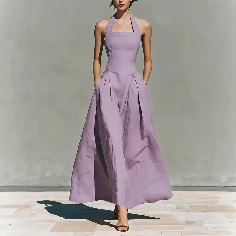 2026 Women's Spring and Summer Neck-Hanging Linen-Style Leisure Fashion Fitting Pocket Dresses — image 3