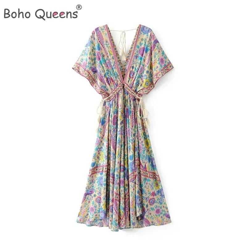 Boho Queens femmes paon imprimé fleuri manches chauve-souris plage bohème Maxi robes dames col en V gland robe d'été robes — image 2