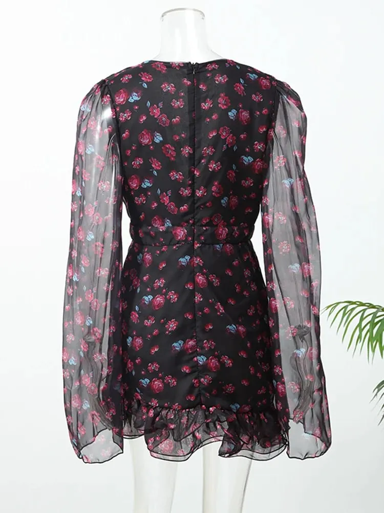 Elegant Flora Painted Ruffle Mini Dress Women Chic Full Sleeve Deep V-neck Slim A-line Dresses 2026 Lady Holiday Street Robe New — image 4