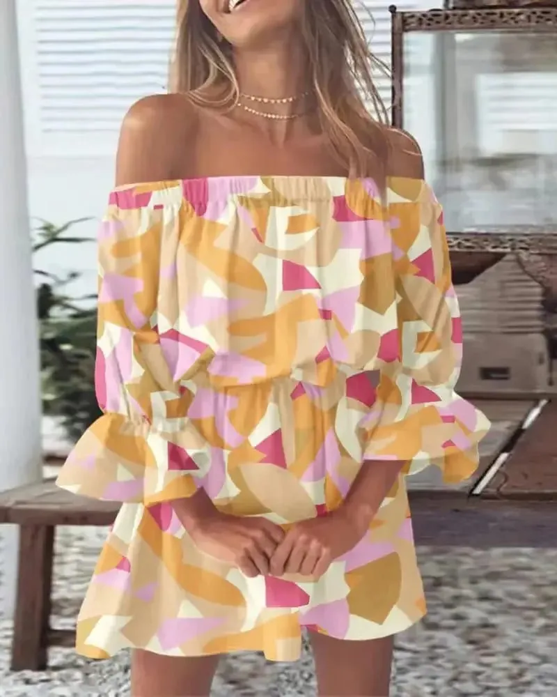 Women Off-Shoulder Ruffled Sleeve Printed Dress with Casual Boho Style for Beach or Vacation Occasions — image 7