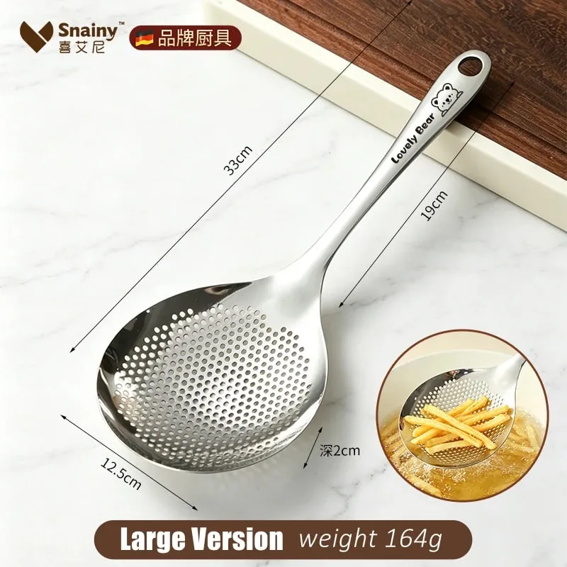 LFGB Certified Pure 304 Stainless Steel Kitchen Cooking Colander Ultra Thick 33cm Handle 12.5cm Head Sieve for Potato Frying — image 10