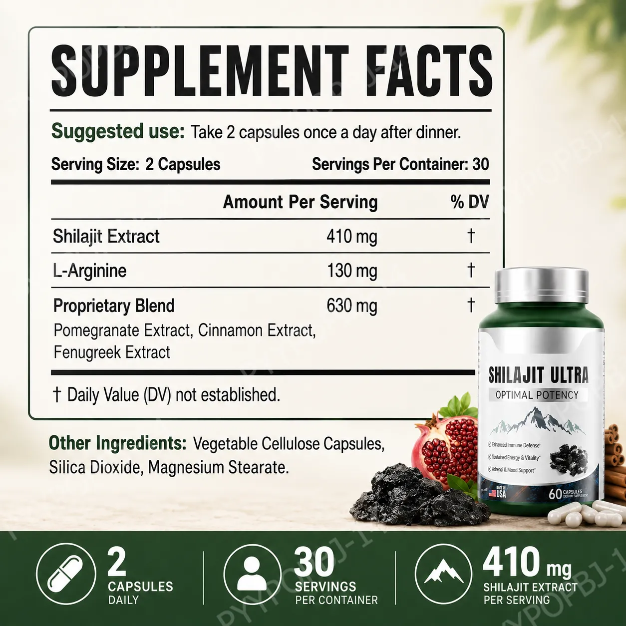 Herbal Shilajit Natural Mineral Supplement with Fulvic Acid 60 Capsules Daily Wellness Vitality Balance Formula for Men's Health — image 2