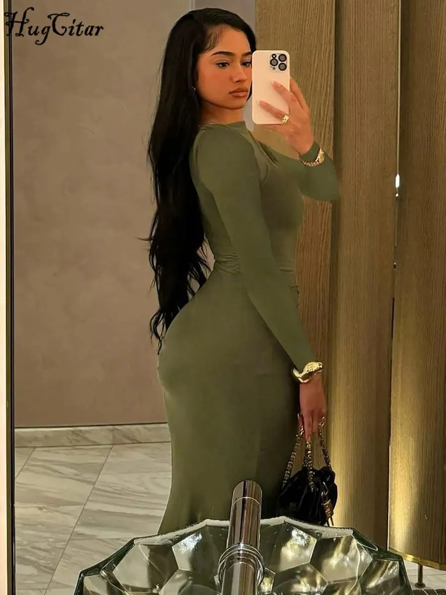 Hugcitar podzimní jednobarevné dlouhé rukávy přehozené sexy bodycon maxi plesové šaty dámská móda Y2K outfity večerní párty Festivalový klub — image 3