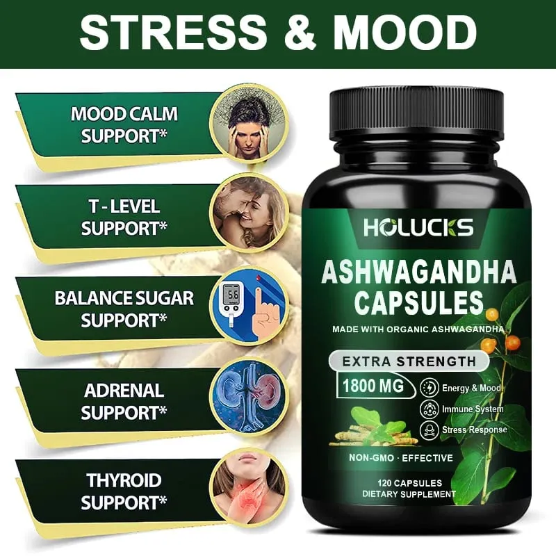 Organic Ashwagandha 1800mg Supplement for High Potency Stress Relief Adrenal & Mood Enhancer Anxiety Focus & Immune Non-GMO