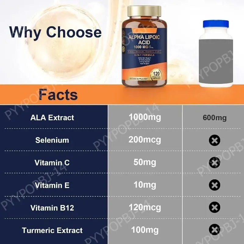 Alpha Lipoic Acid 6-in-1 Formula 1000mg Turmeric Selenium Vitamins C E B12 120 Veggie Capsules for Daily Wellness Support