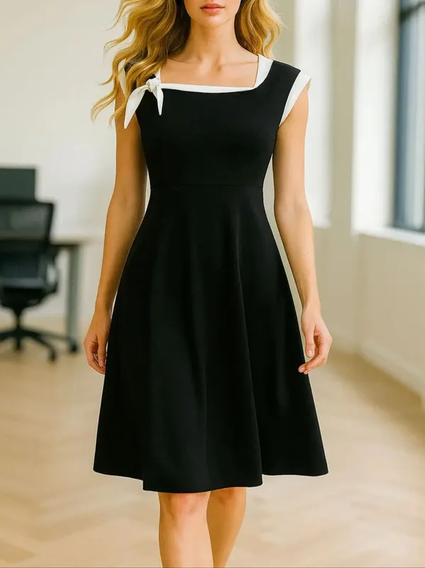 Womens Sleeveless Elegant Summer Work Office A-Line Black Tie Up Business Casual Party Slim Fit And Flare Swing Dress