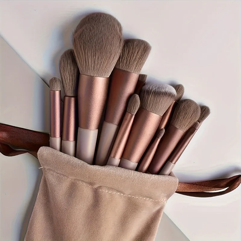 13PCS Vegan Makeup Brush Set-Rose Gold Luxury Brushes with Hybrid Fiber Bristles&Gift Pouch Cruelty-Free Kit for Beginners/Pros