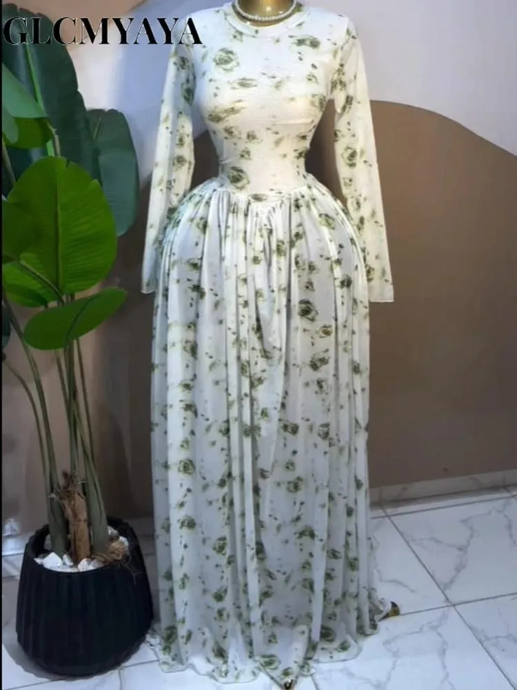 CM.YAYA Women leaf Print patchwork smock Midi A-line Long Maxi Dress 2026 Elegant Evening Birthday Party Dresses Trendy Vestidos